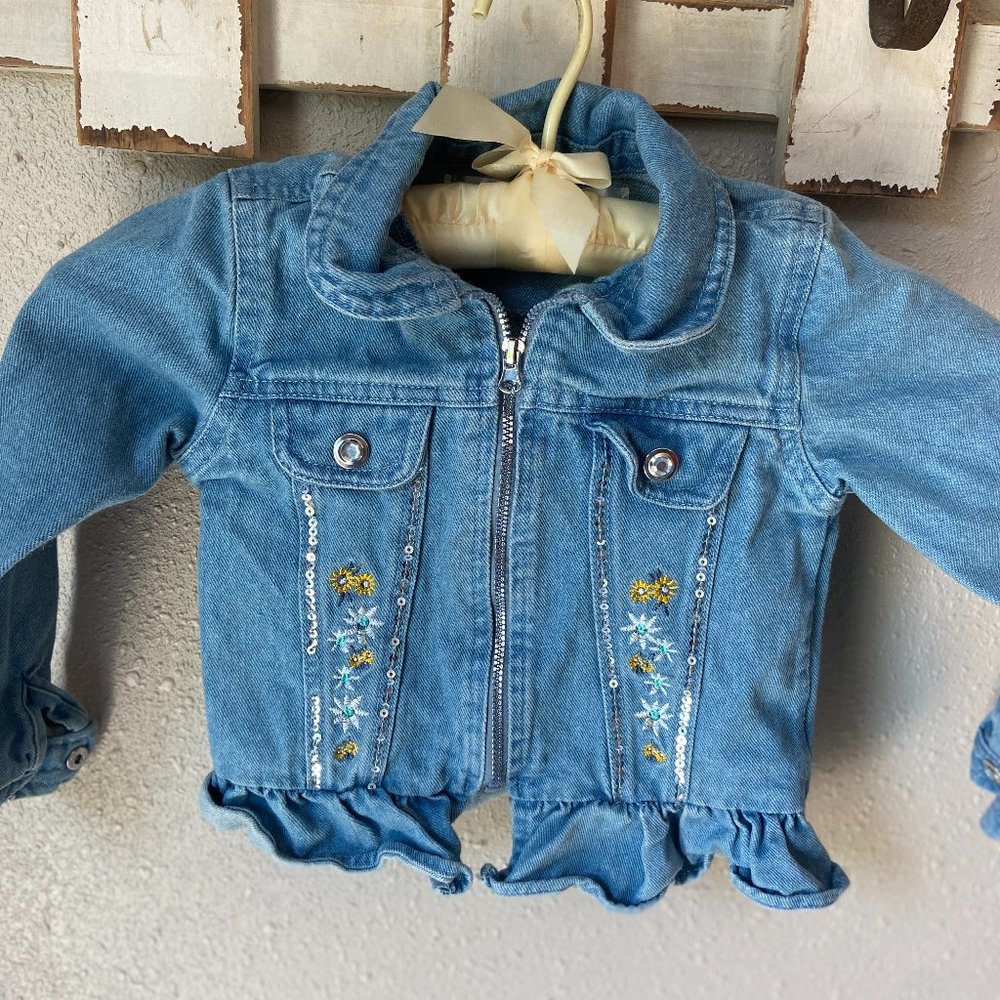4/$20 Nannette Kids Jean Jacket Floral Embroidery Sequins Ruffle Sleeves 4T
